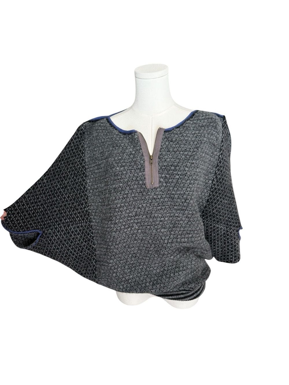 Free People Origami Sweater Lambswool Rabbit Hair Batwing Poncho Top Gray Blue L